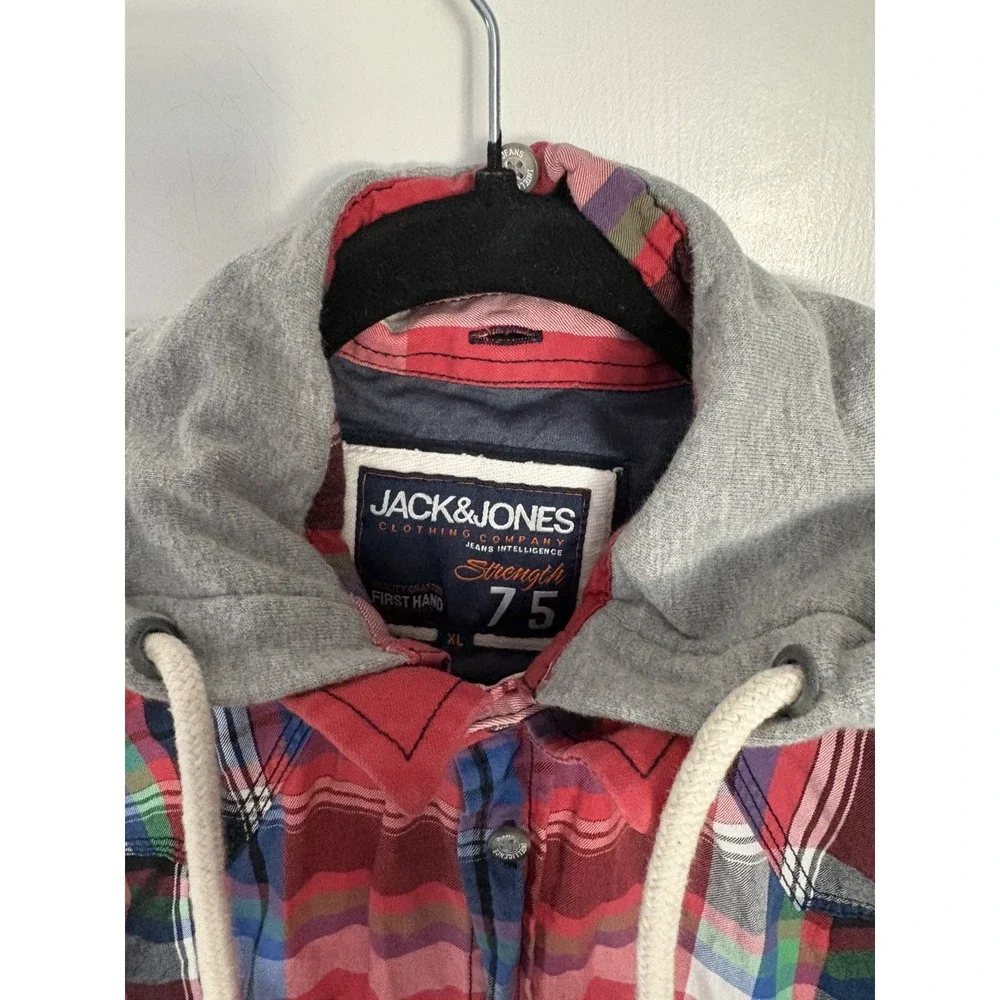 Jack & Jones Boys Detachable Hood Plaid Cotton Shirt Jacket Red Blue Green XL